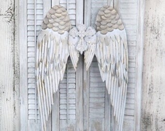 ON SALE Large Angel Wings~Nursery~Angel Wings~Angel Wing Wall Decor~Guardian Angel~Religious Decor~Wall Cross~Shabby Chic Angel Wings