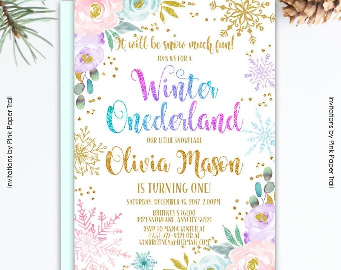 Winter Onederland Birthday Invitation, Pink and Gold Snowflake Baby Blue and Purple Floral Winter Onederland Party Printable Invitation