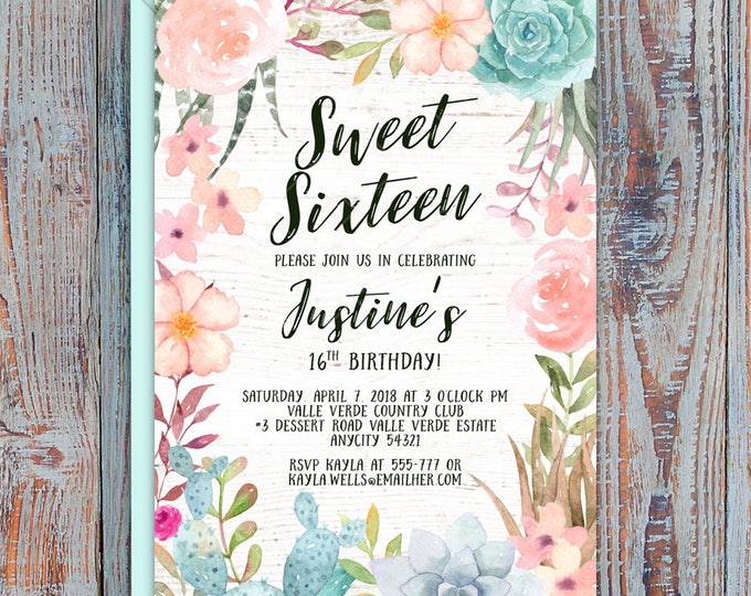 Succulents Cactus Boho Sweet Pastel Floral Birthday Invitation, Sweet Sixteen 1st 20th 30th 40th 50th 60th 70th Any Age Printable Invitation