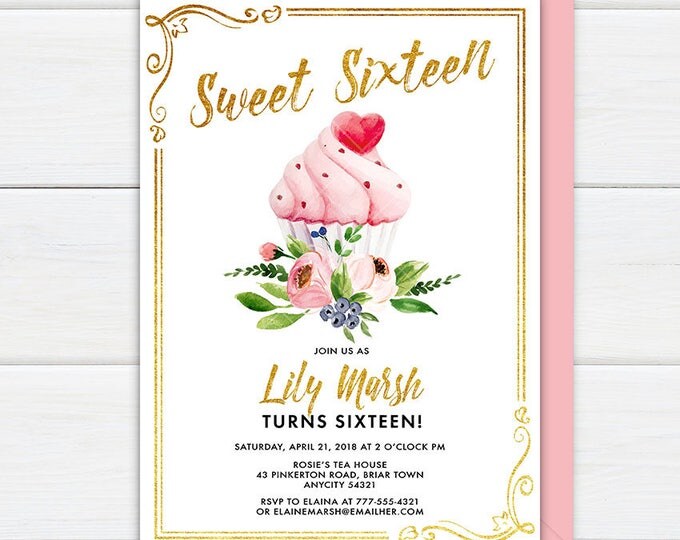 Sweet Sixteen Cupcake Invitation, Sweet Dainty Pink and Gold Glitter Floral and Cupcake Sweet Sixteen Quinceanera Birthday Party Invitation