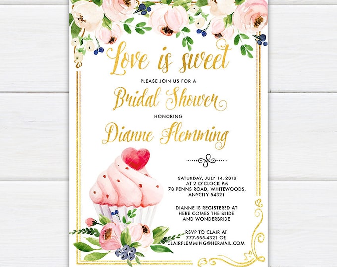 Bridal Shower Cupcake Invitation, Love is Sweet, Sweet Dainty Pink and Gold Glitter Floral and Cupcake Bridal Shower Party Invitation v.2