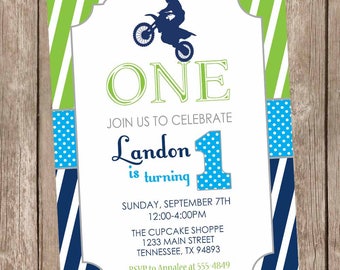 Motocross birthday invitation, dirt bike 1st birthday invitation, boy birthday invitation, lime, navy dirt bike birthday invitation ANY AGE