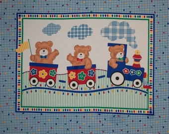 All Aboard! Teddy Bear Train Quilt Panel Nursery Baby Fabric