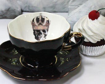 SELECTED SECONDS Black & Gold Skull or Custom Personalized Teacup, High Tea Victorian Steampunk, Skeleton Halloween China, Bespoke Wedding