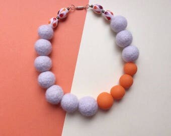 SALE, Felt necklace, clay necklace, felt bead necklace, felted jewellery, orange necklace, wool bead necklace, felt ball necklace
