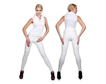 White Leather-Look Leggings w. Matte Finish, Spandex Pants, Rave Club Wear, Glam Rock Clothing, Heavy Metal Rocker Meggings, by LENA QUIST