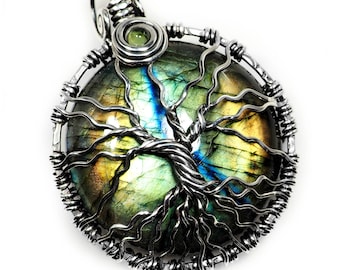 Multi colored labradorite tree of life pendant Sterling silver