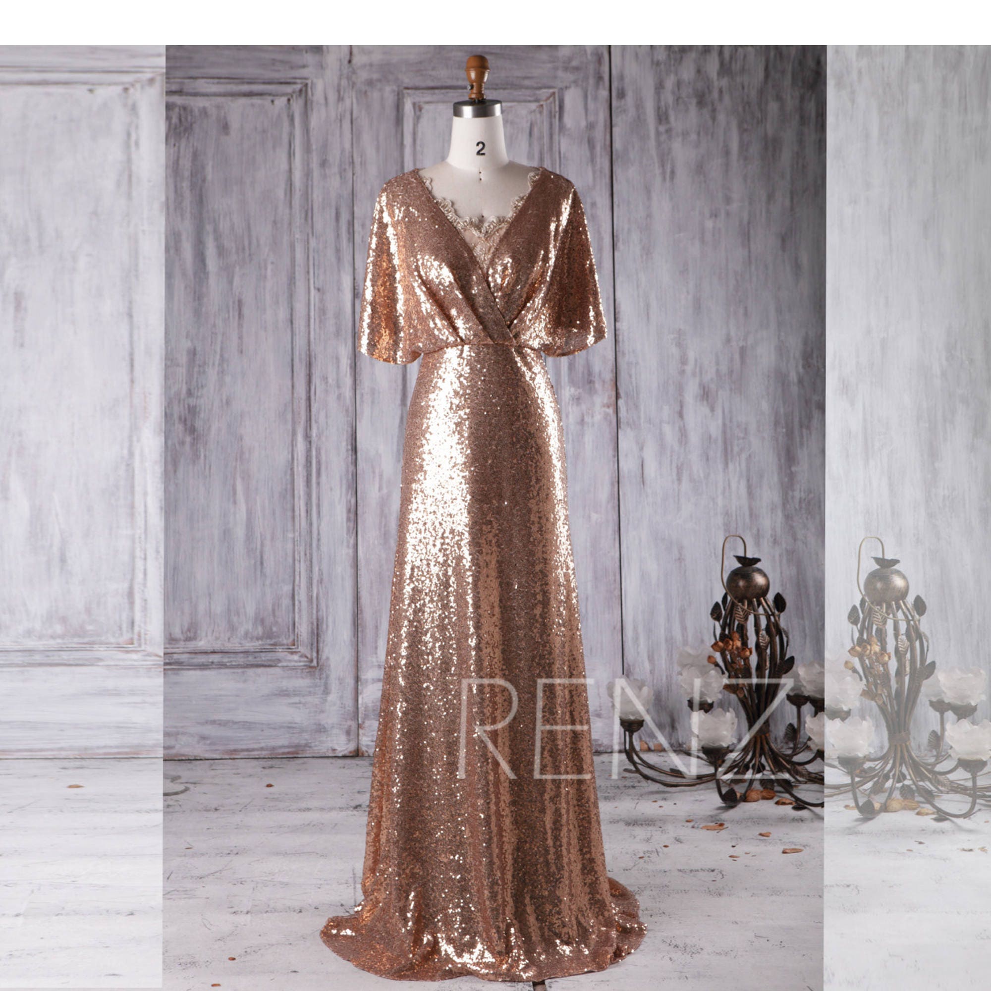2017 Gold Sequin Bridesmaid Dress V Neck Lace Wedding Dress