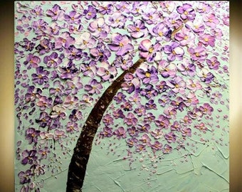 SALE SALE 3ft x 3ft ABSTRACT ,Landscape 36" Abstract Aqua Cherry Blossoms Oil Painting Thick Texture Gallery Fine Art -Nicolette Vaughan Hor