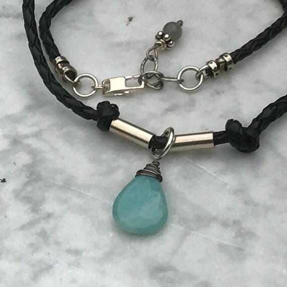Blue Opal and Leather Necklace - Sterling Silver - raw - Urban leather - Artisan Sundance Style Jewelry