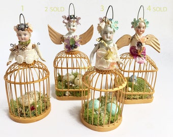 ONE small birdcage girl ornament, birds nest art, santos garden sprite, assemblage art by Elizabeth Rosen
