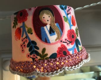 Fairy lights LED lampshades. FREE UK P&P. Alice in Wonderland fabric lights with crochet trim.