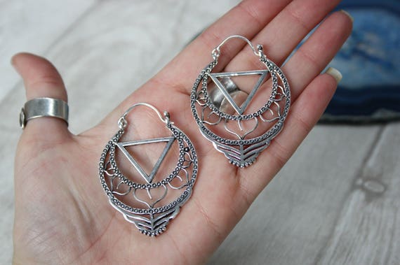 XL TRIBAL EARRINGS -Divine Feminine - Tribal jewellery- Sacred Geometry - Lotus Flower- Silver Plated - Gift Set- Flower earrings