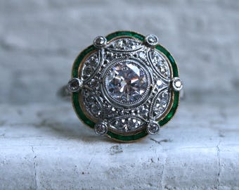 Gorgeous Antique Platinum Diamond and Emerald Ring Engagement Ring - 2.44ct.