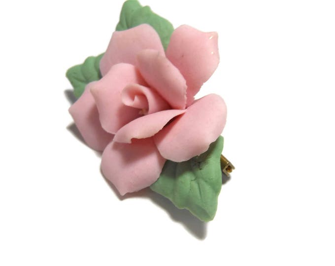 FREE SHIPPING Porcelain rose brooch, pink rose with green leaves, delicate china rose pin, feminine floral brooch