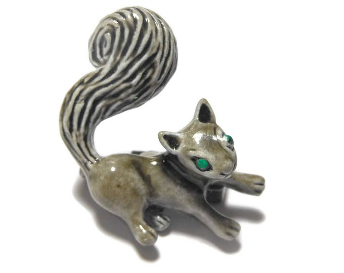 FREE SHIPPING Gerry's squirrel brooch, grey brown squirrel, green eyes, enamel finish, small adorable figural, lapel pin, tie tack tac