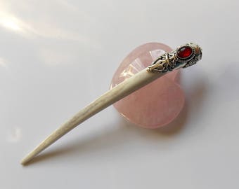 Antler Hair stick, Deer antler hair pin, Tibetan silver, Hair pick with ornament, Bloody red stone, Natural hair accessories, MariyaArts