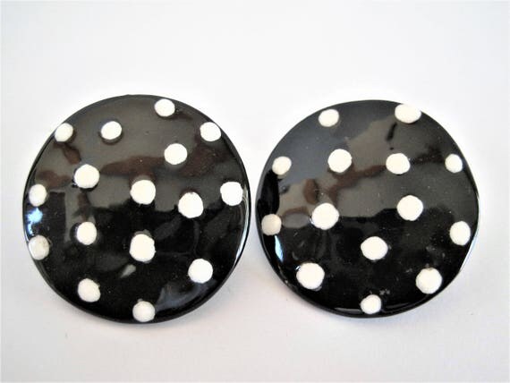 Polka Dot Earrings - Black and White - Enamel Clip Ons