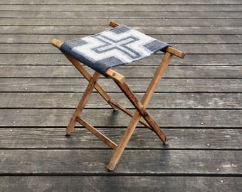 Vintage Camp Stool - Wool Seat - Cross Native Geometric Tribal