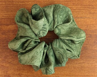 Silk hair scrunchie tie made with vintage kimono silk - forest green swirl tie dye
