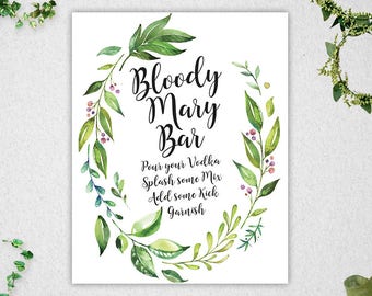Greenery Bloody Mary Bar Sign // INSTANT DOWNLOAD // 8x10 // Bridal Shower // Wedding // Leafy Watercolor // Printable // #PBP86