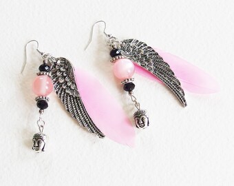 Boucles d'Oreilles Ethniques Zen - Esprit Bouddha - Plumes véritables, Perles et Breloque Aile Métal - Bijou créateur, pièce unique