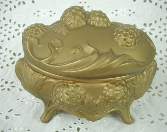 Antique Jewelry Casket, Metal Jewelry Box, Hinged Lid, Original Pink Silky Lining, Raspberries on Lid, Art Nouveau Jewelry Box