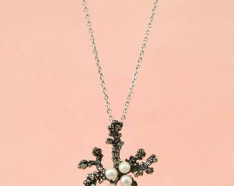 SALE Vintage Anson Sterling Silver coral cultured pearl pendant chain necklace