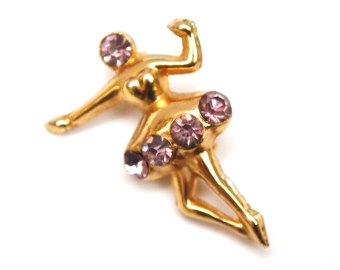 Ballerina Brooch Pink rhinestone - gold figurine Dancer pin