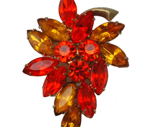 Rhinestone brooch -Ornage and Yellow Crystal - Gold metal, - mid century floral pin