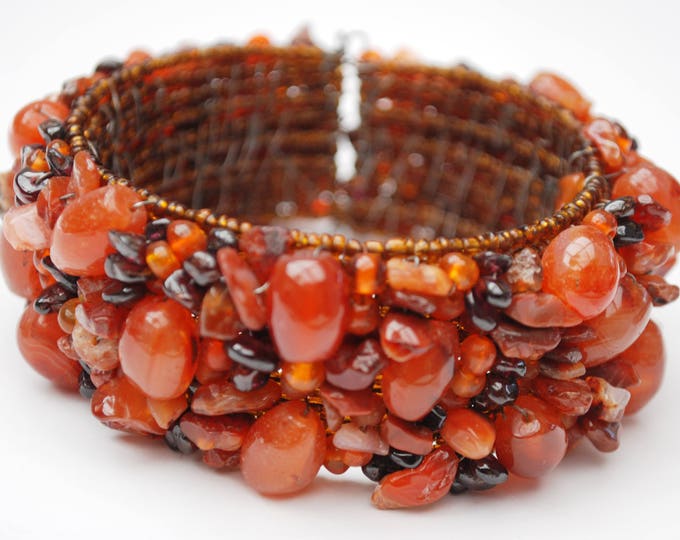 Carnelian Carnet bead Cuff Bracelet - Woven orange red gemstone - Wide boho Bangle BRacelet
