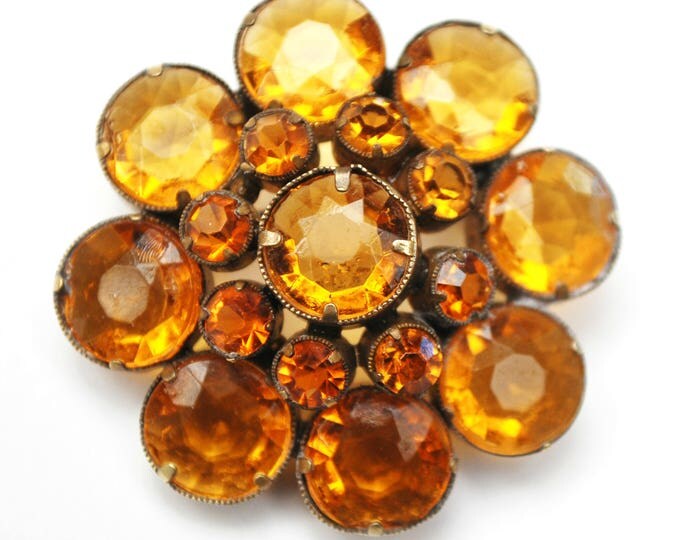 Amber Rhinestone Flower Brooch - Signed Czecho - Orange Crystal - open back gold plated - Citrine glass - pin