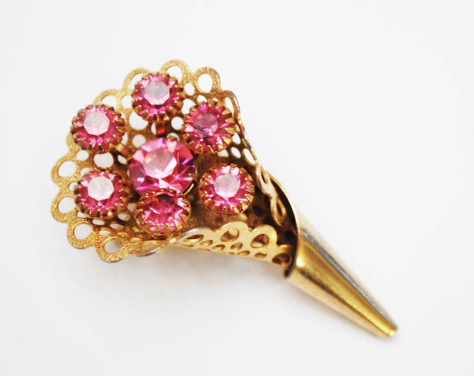 Pink Rhinestone Flower Brooch - Flower bouquet -gold wrap - -Floral Spray pin