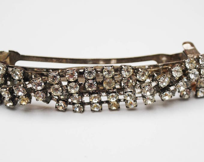 Rhinestone Barrette Hair clip - Signed Made in France - Clear crystal silver