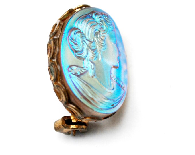 Small Glass Cameo Brooch - molded glass - Gold Metal - blue iridescent women profile - oval pin