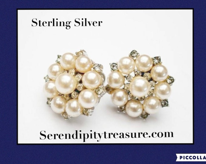 Sterling Pearl Earrings - Rhinestone - screw back earrings -white bead - wedding Bride