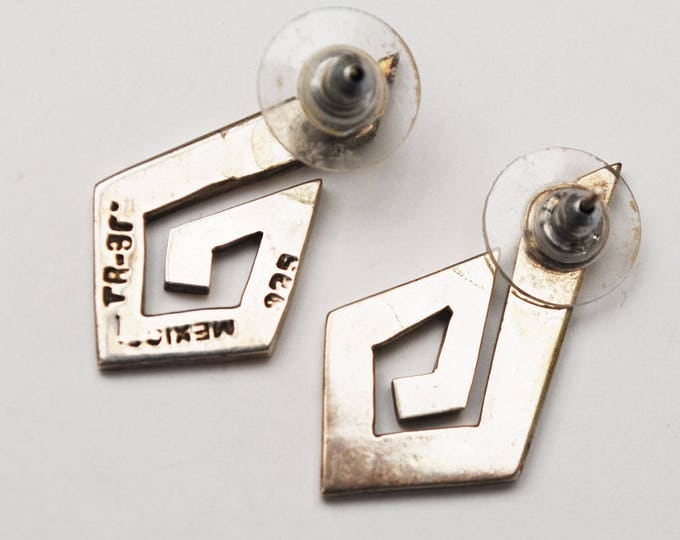 Sterling modern Earrings - Signed Mexico -abstract diamond -Modernistic - Large silver pierced earring