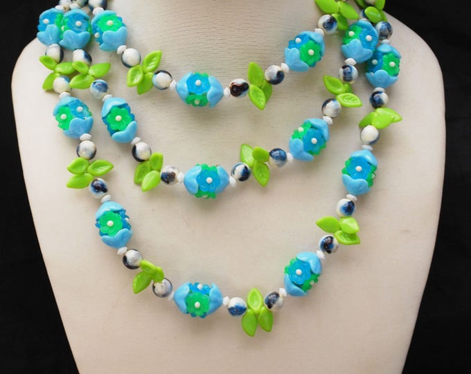 Vintage Green Blue flower necklace - Lucite plastic beads - signed Empire - long opera length necklace 50 inches