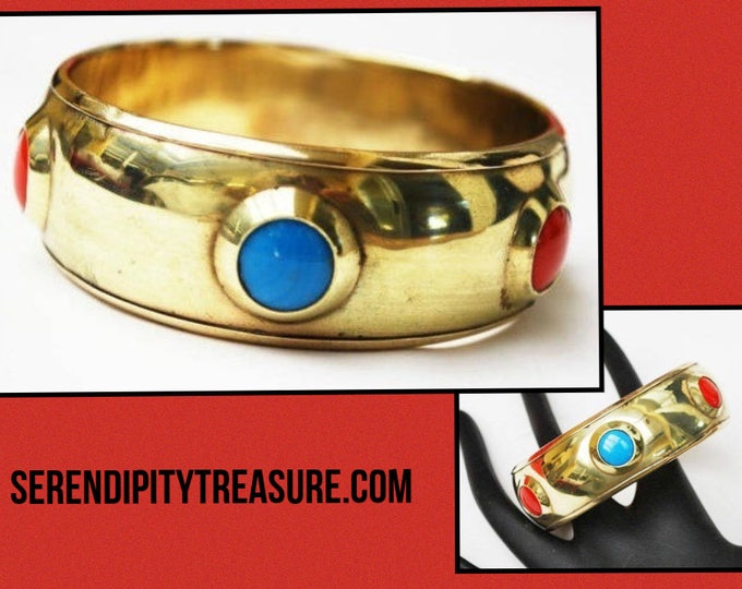 Brass Bangle with red Blue Glass Cabochon - polka dot - Boho Bracelet