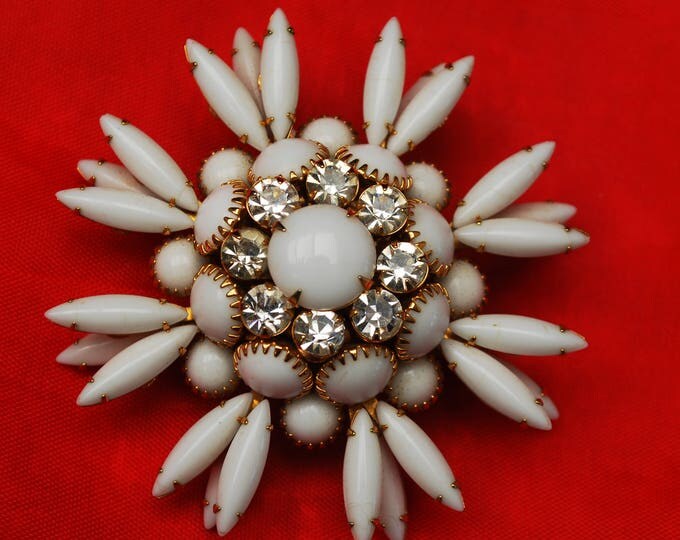 White Milk Glass Flower Brooch - Atomic Pin - Snow Fake - Clear rhinestone - Mid Century