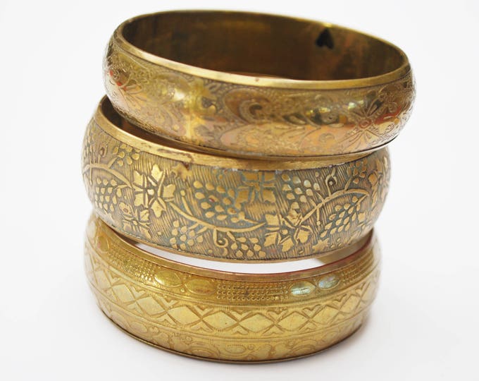 Lot of three Brass Bangles - chunky Boho Bangle - Flower Etched - gold brass bracelets