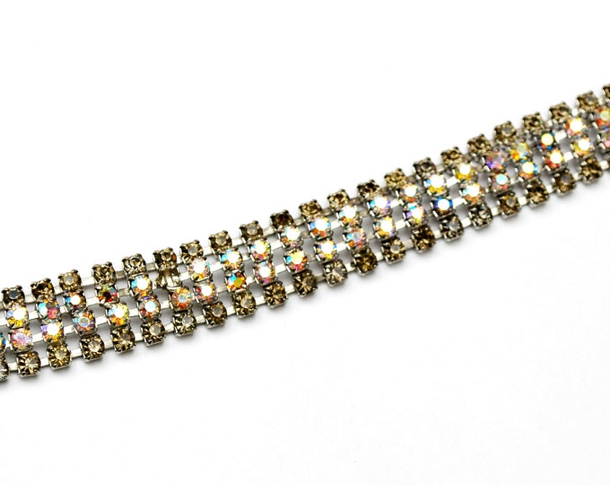 Rhinestone Bracelet - Aurora Borealis Crystal - Grey Rhinestone Silver -- Mid Century Bracelet - Wedding Bride
