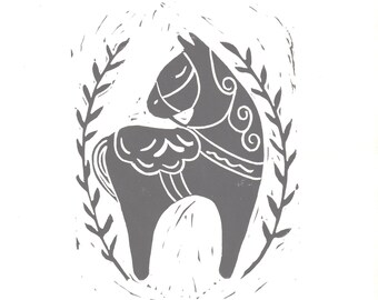 Black Dala Horse- 9x12 hand printed linoleum block print