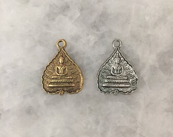 Tibetan Buddha Bodhi Leaf, Hold or Silver Charm,Namaste, Lotus Position, Yoga, Inspirational, Lead Free Pewter