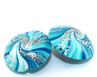 Unique focal beads, polymer clay beads, swirl lentil beads in blue, turquoise and white, 2 elegant beads, beads for jewelry making