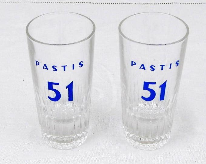 Set 2 Small Vintage French Pastis 51 Glasses, Retro French Cote D'Azur Bistro Decor, Pair Anisette Aperitif Momie or Momiette Glasses