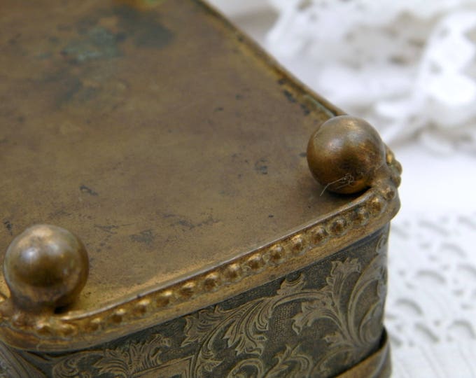 Antique French Beveled Glassed Lid and Gilt Metal Jewelry / Trinket Box with Turquoise Satin Linning, French Country Chateau Chic Decor