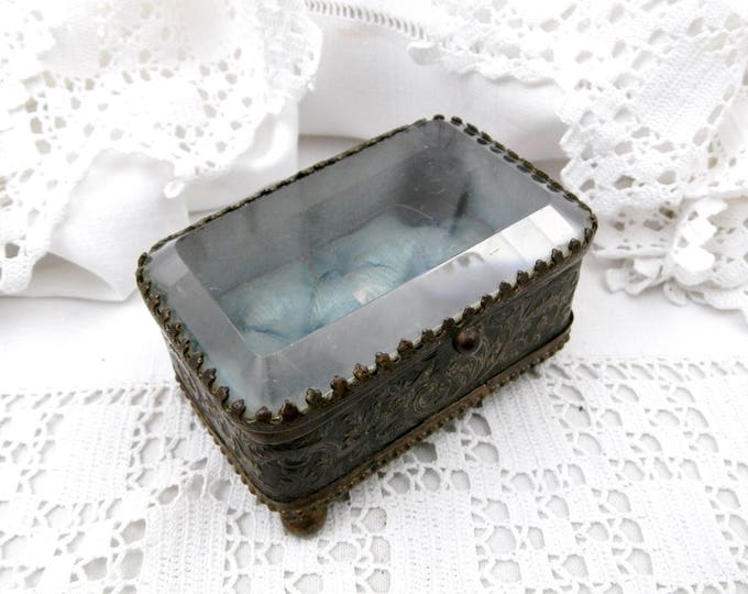 Antique French Beveled Glassed Lid and Gilt Metal Jewelry / Trinket Box with Turquoise Satin Linning, French Country Chateau Chic Decor