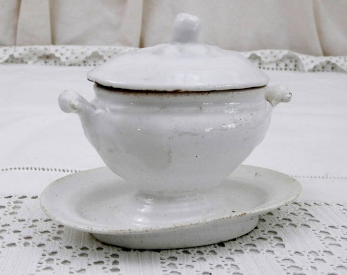 Antique French White Bone China Mustard Dish with Lid, Small Sized Sauce Boat, Chateau Chic Tableware Ceramic Serving Dish with Ears