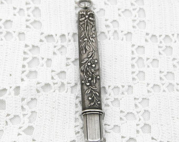 Antique French Silver Pendant Pencil Holder, Precious Metal Pen Case for a Necklace, Victorian Novelty Jewelry with Cherry Pattern